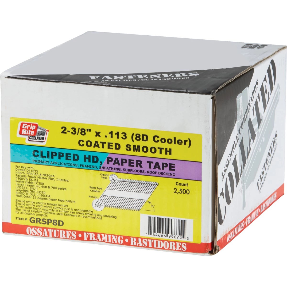 GripRite 30 Degree Paper Tape Bright Smooth Shank Clipped Head Framing Stick Nail, 23/8 In. x