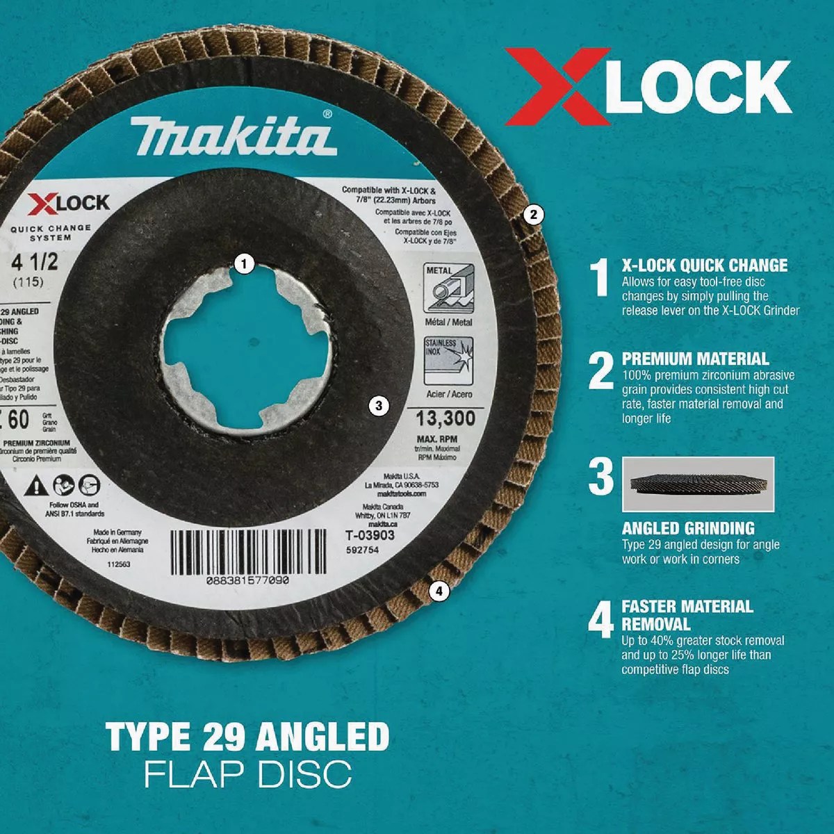 Makita XLOCK 41/2 In. x 7/8 In. 60Grit Type 29 Zirconia Angle