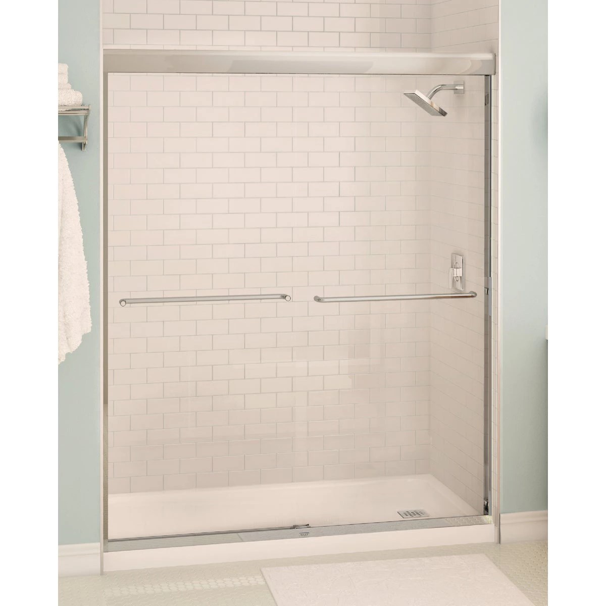 Maax Aura 59.5 In. W. X 71 In. H. Chrome Frameless Clear Glass Sliding