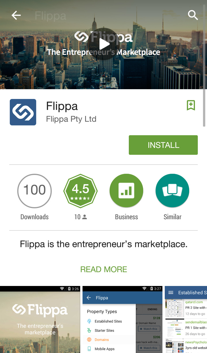 Flippa app Available for Android and iOS devices for its domain