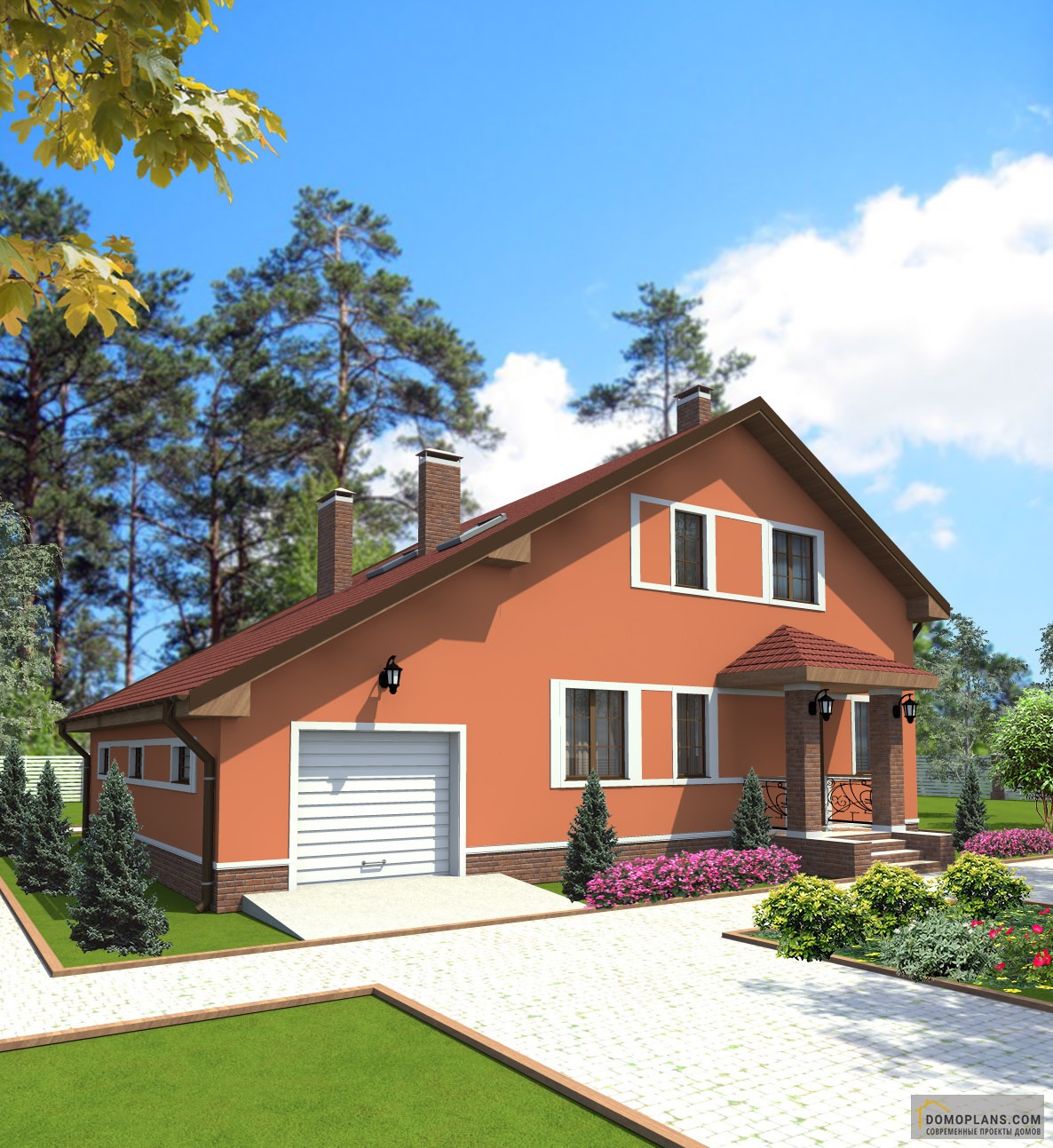 Проект дома с гаражом и террасой на заднем дворе