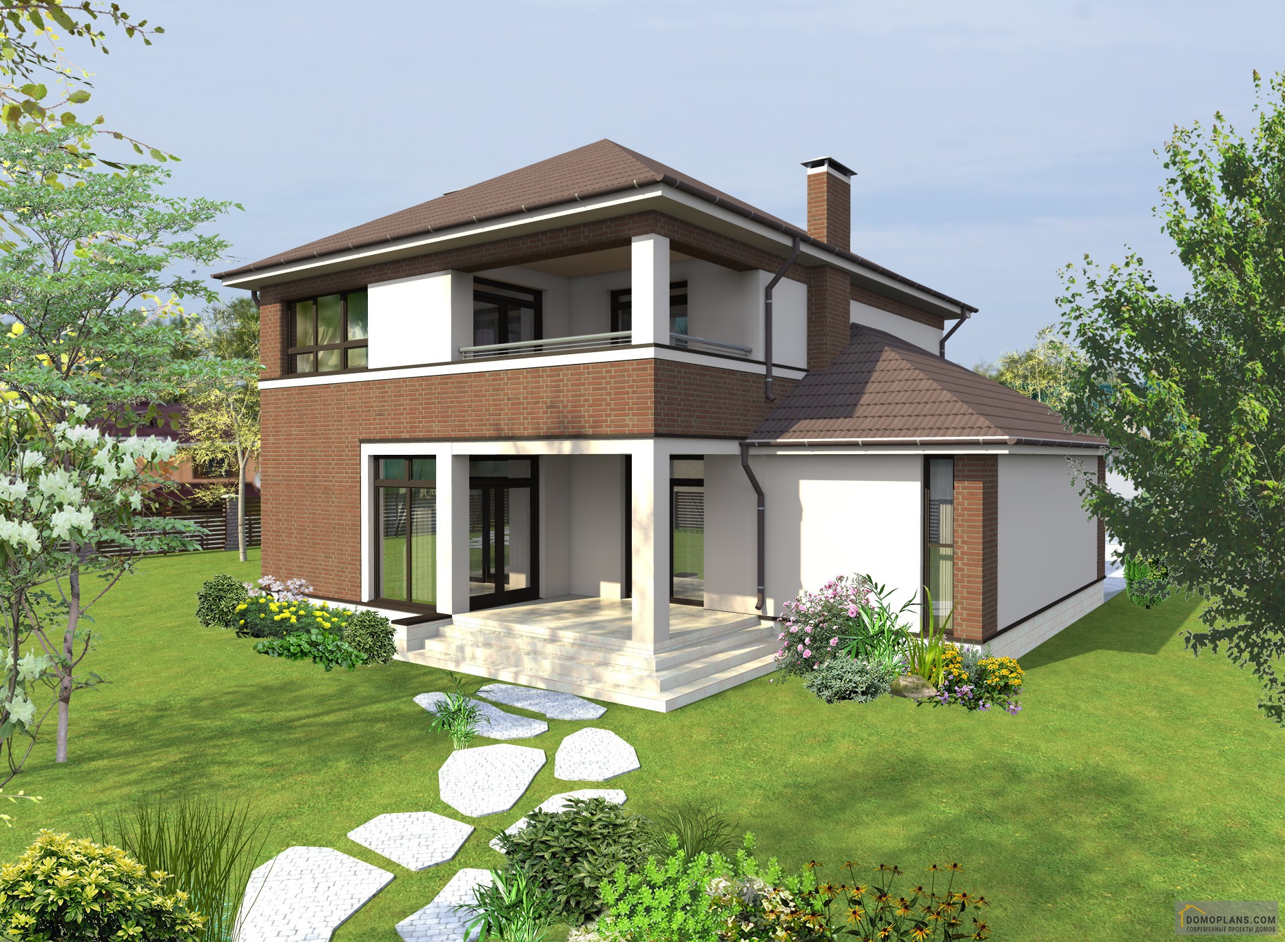 Проект дома с панорамным остеклением и гаражом