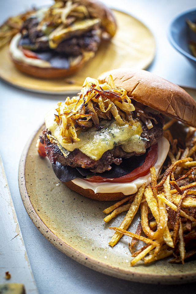 Ultimate Caramelised Onion & Blue Cheese Burger with Garlic Shoestring