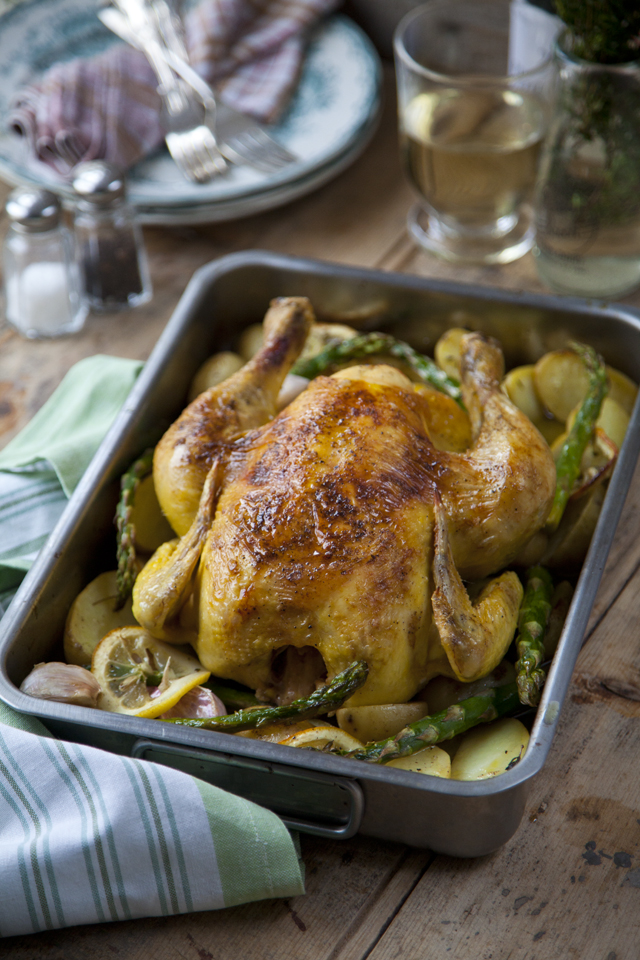 One Tray White Wine Chicken Roast with Zesty Potatoes and Asparagus