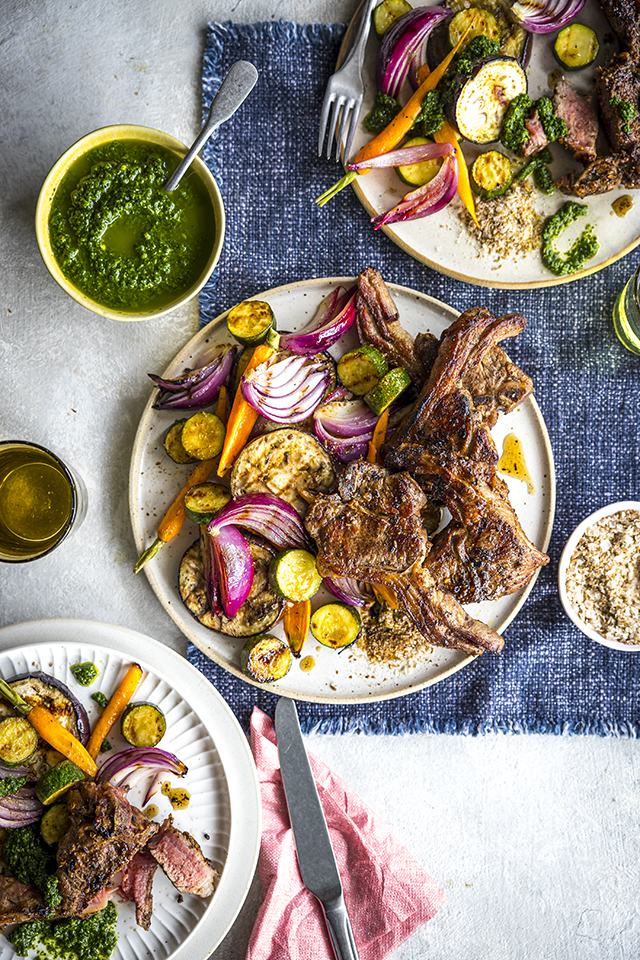 BBQ Lamb Chop Platter with Grilled Vegetables and Cumin Salt & Fiery
