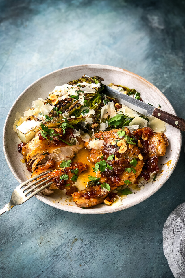 Honey Mustard Chicken & Griddled Baby Gem Salad with Toasted Hazelnuts