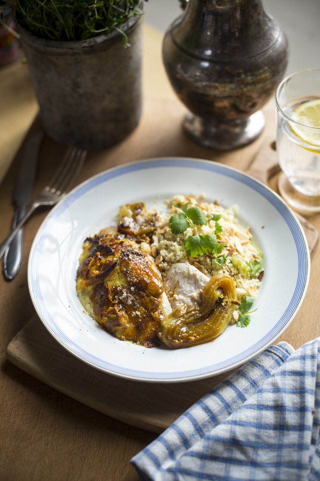 Baked Indian Chicken with Cardamom, Coriander and Almond Couscous