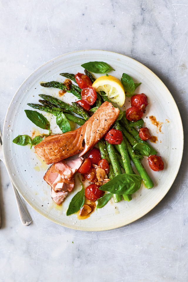 Crispy Salmon, Asparagus and Cherry Tomato Sauce Donal Skehan EAT LIVE GO