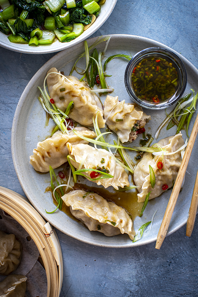 Homemade Dumplings with Dipping Sauce & Garlic Greens Donal Skehan