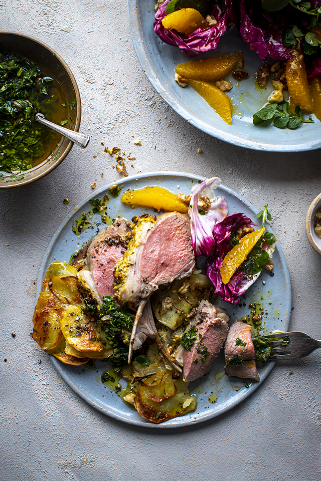 Rack Of Lamb with Boulangere Potatoes with Bitter Leaf Salad & Lemon