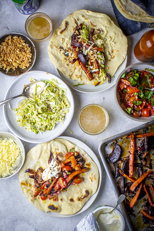 Roast Vegetable Fajitas with Homemade Tortillas, Fiery Salsa & Pickled