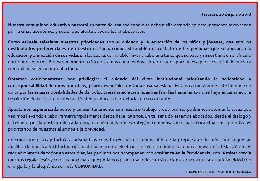 Comunicado Instituto Don Bosco Rawson Don Bosco Sur