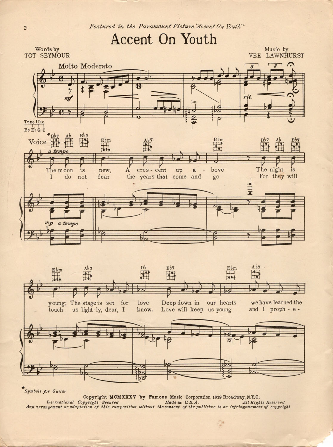 ACCENT ON YOUTH Tot Seymour & Vee Lawnhurst, 1935 Sheet Music