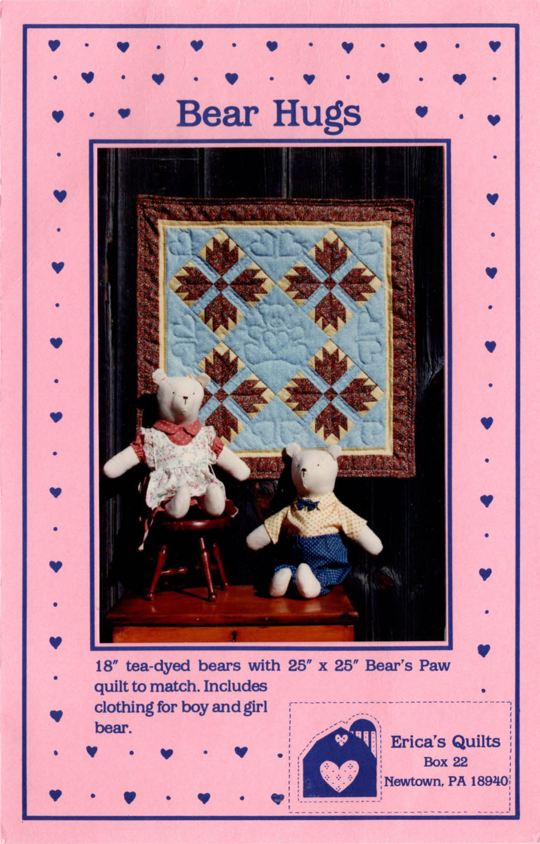 BEAR HUGS 18" TeaDyed Bears with Bear's Paw Quilt, Erica's Quilts