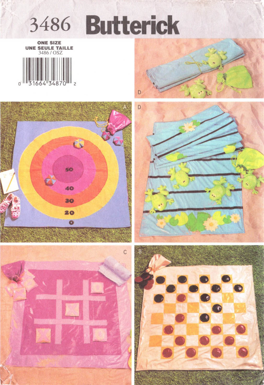 TRAVEL GAMES Bean Bag, Checkers, TicTacToe, Frog Butterick 3486