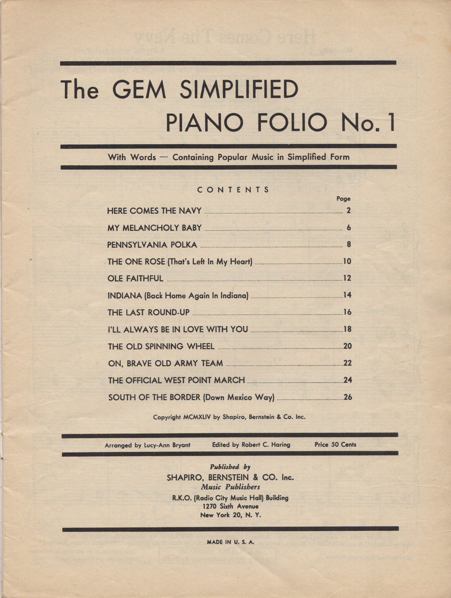 THE GEM SIMPLIFIED PIANO FOLIO WITH WORDS, No. 1, 1944