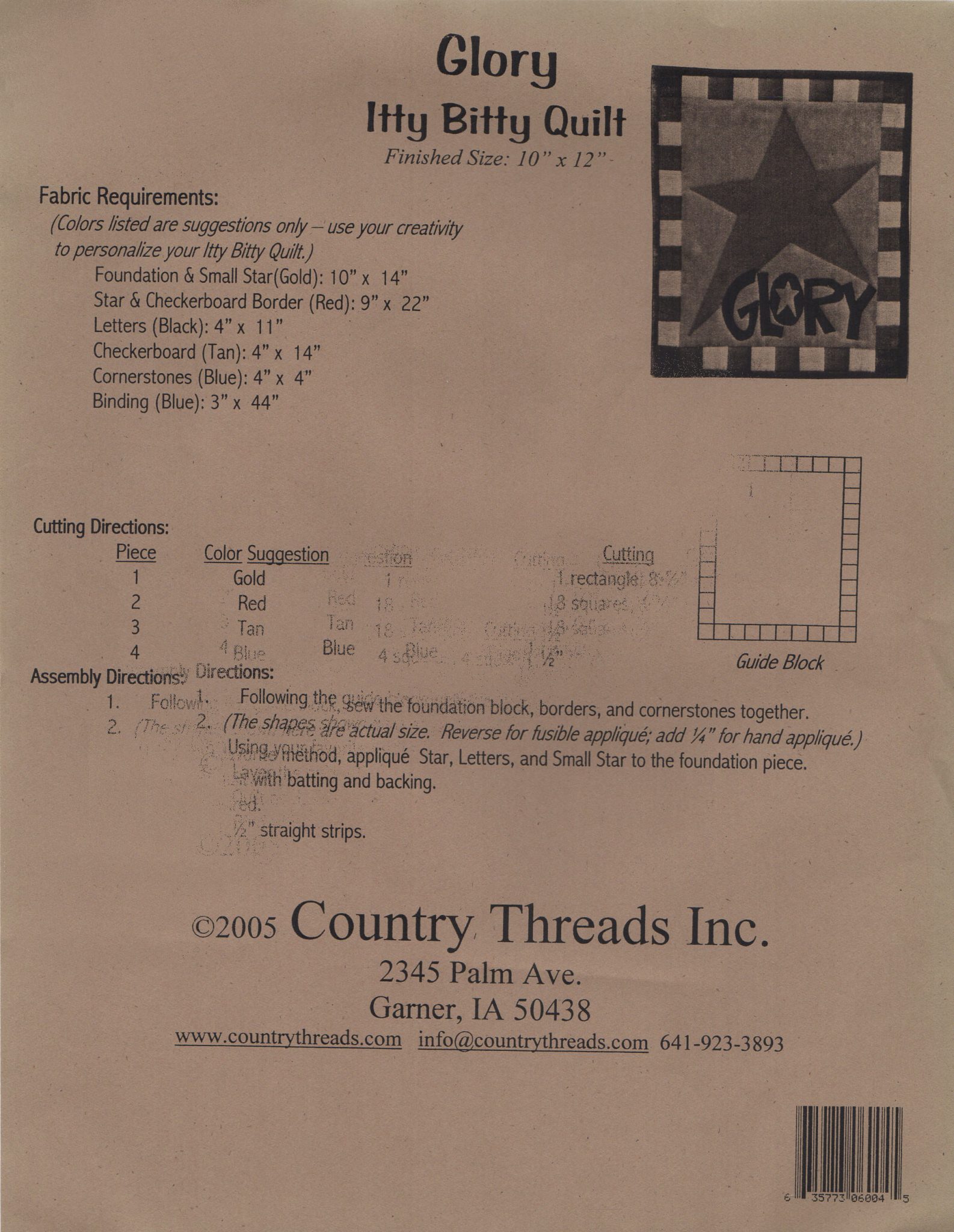 GLORY Itty Bitty Quilt Country Threads, 2005 Pattern with Template