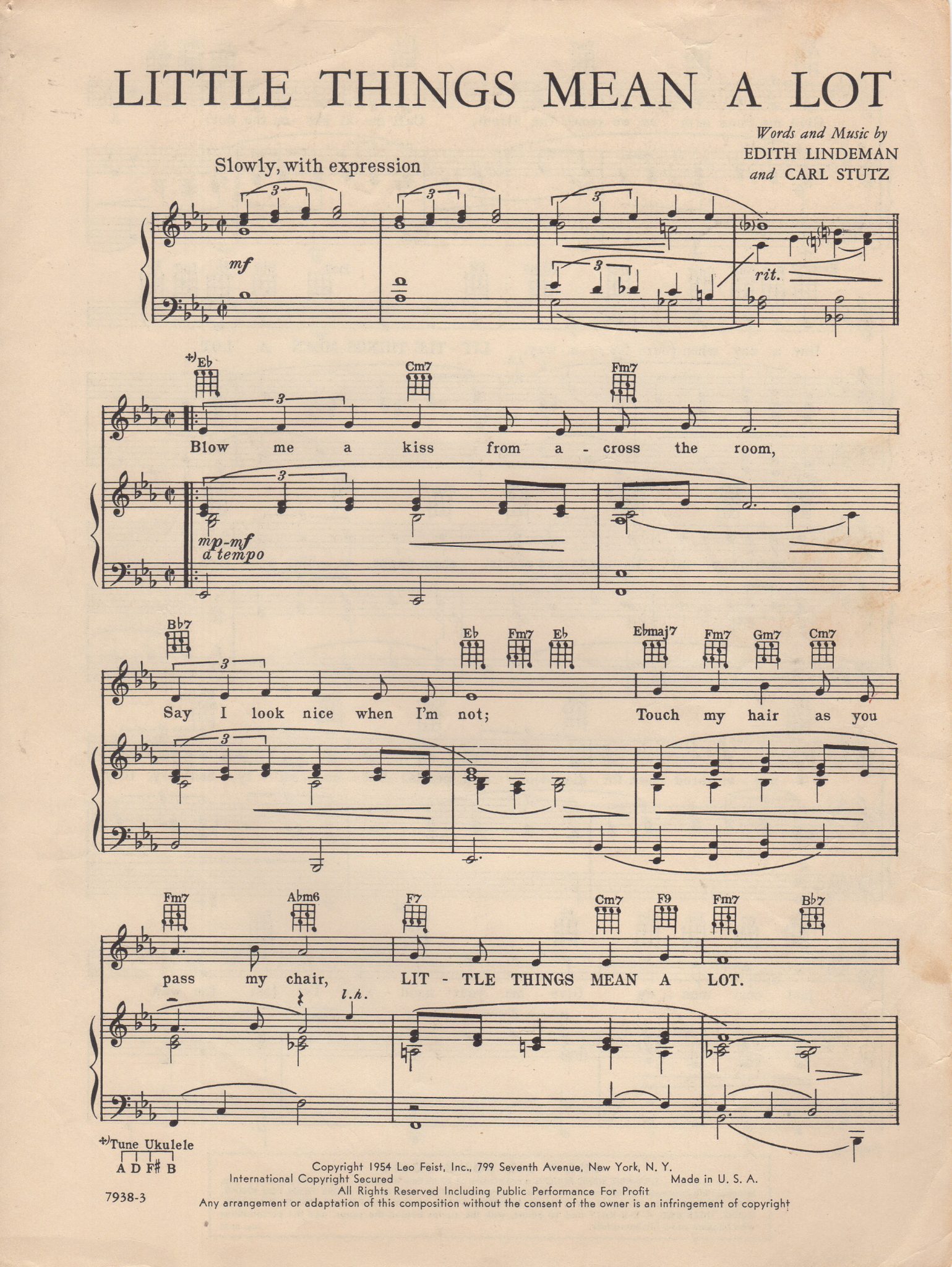 LITTLE THINGS MEAN A LOT Edith Lindeman & Carl Stutz, 1954 Music