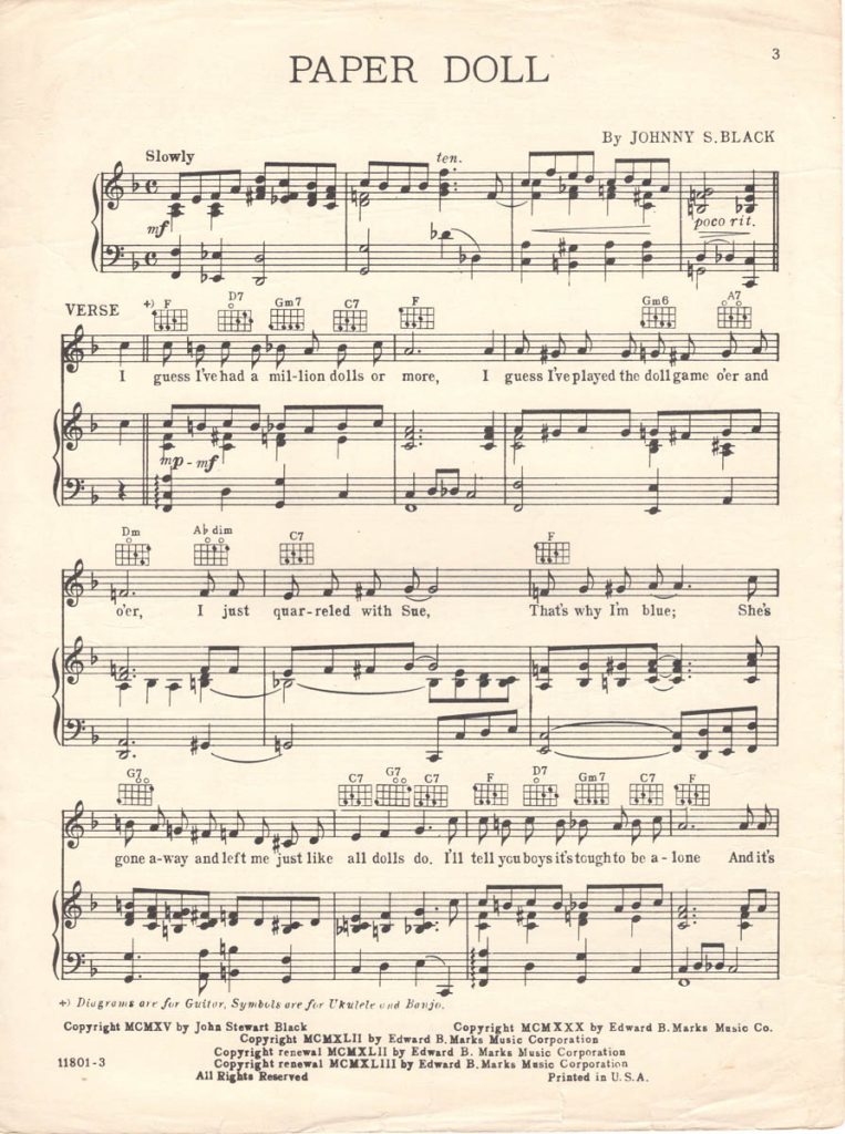 PAPER DOLL Johnny Black & Frank Sinatra, 1942 Sheet Music