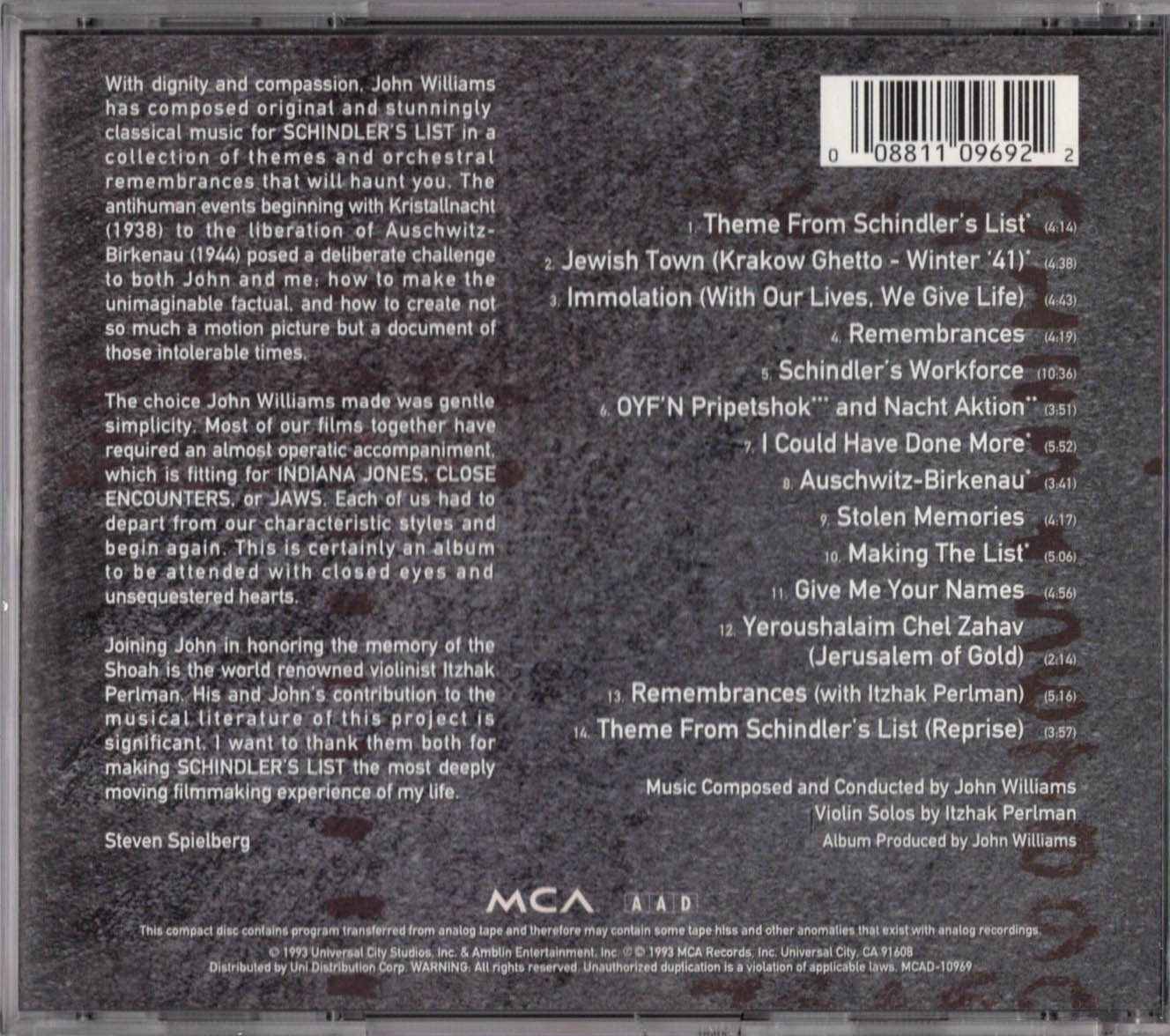 SCHINDLER'S LIST ORIGINAL MOTION PICTURE SOUNDTRACK CD