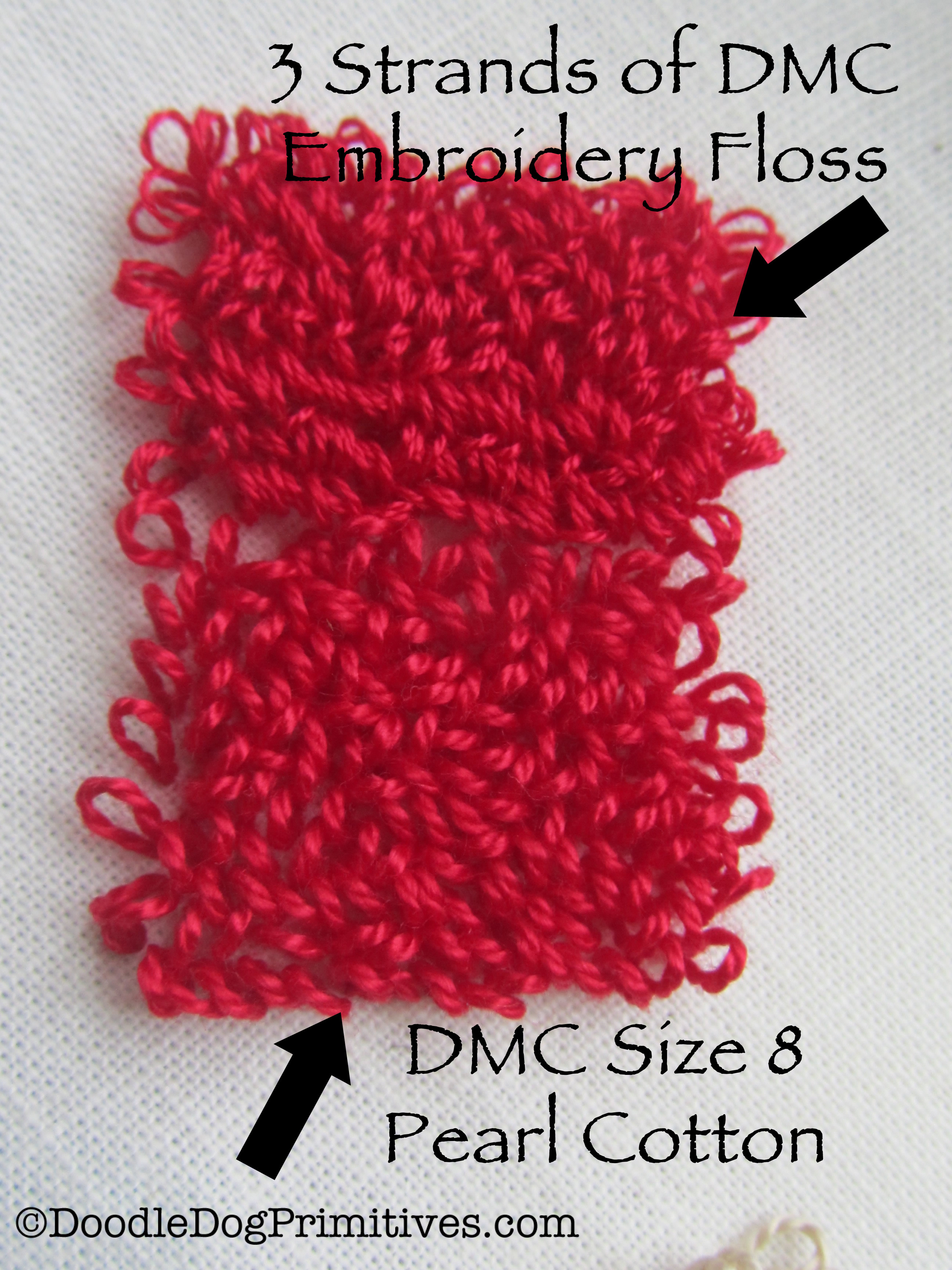Comparison of DMC embroidery floss vs. pearl cotton 8 DoodleDog Designs Primitives