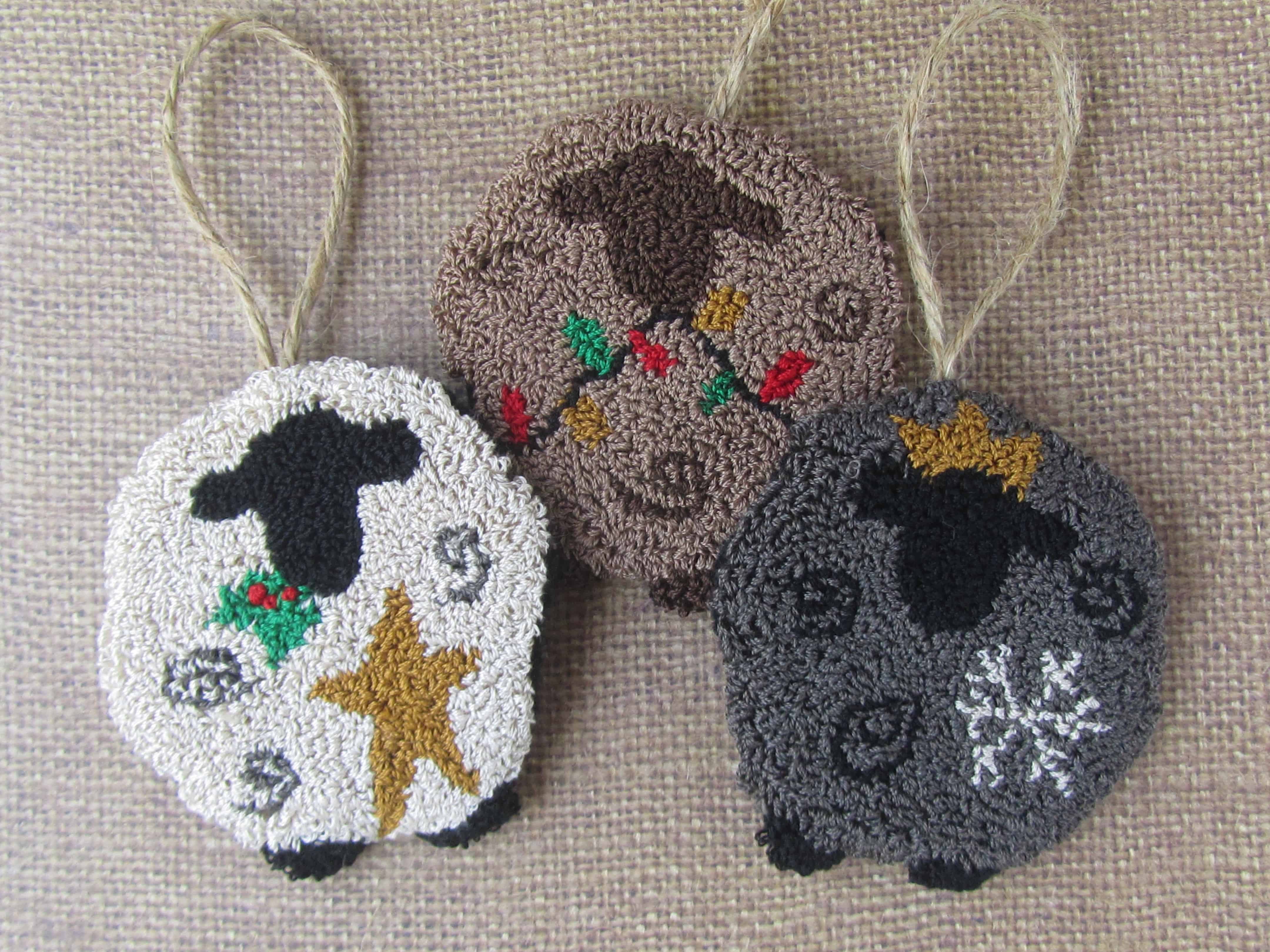 We Three Sheep punch needle ornaments DoodleDog Designs Primitives
