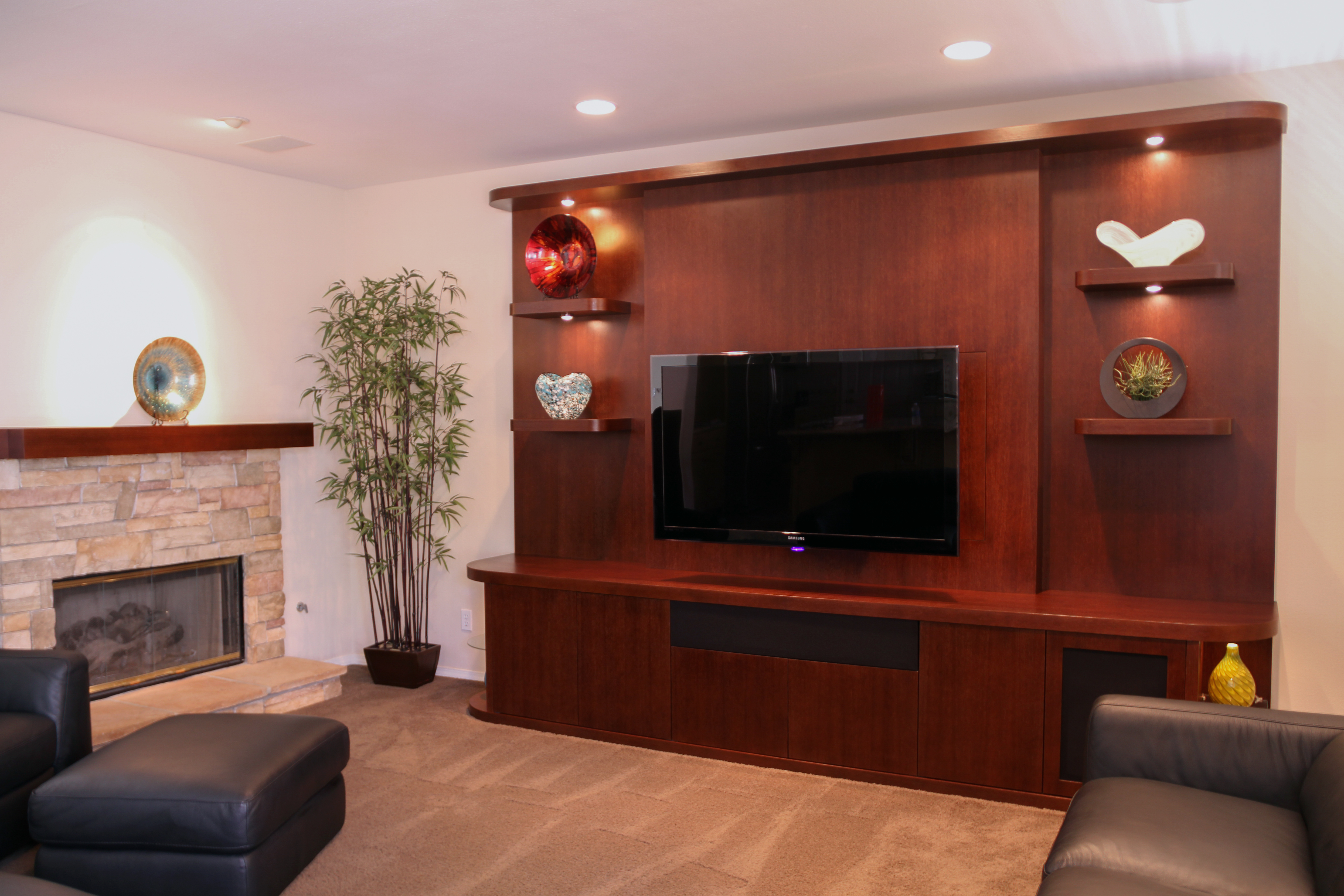 Custom Contemporary Rift Oak with Cherry Stain TV and Mantle
