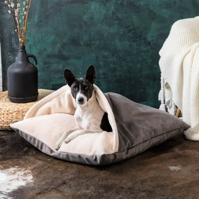 Large dog pillow bed snuggle sack, Dark grey cream Doracocker