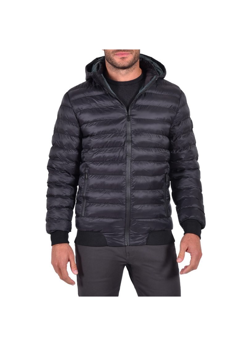 Men's waterproof and windproof black bomber jacket with hood
