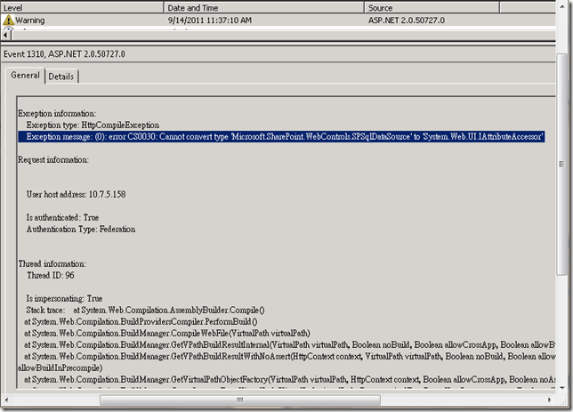 Cannot convert type 'Microsoft.SharePoint.WebControls.SPSqlDataSource