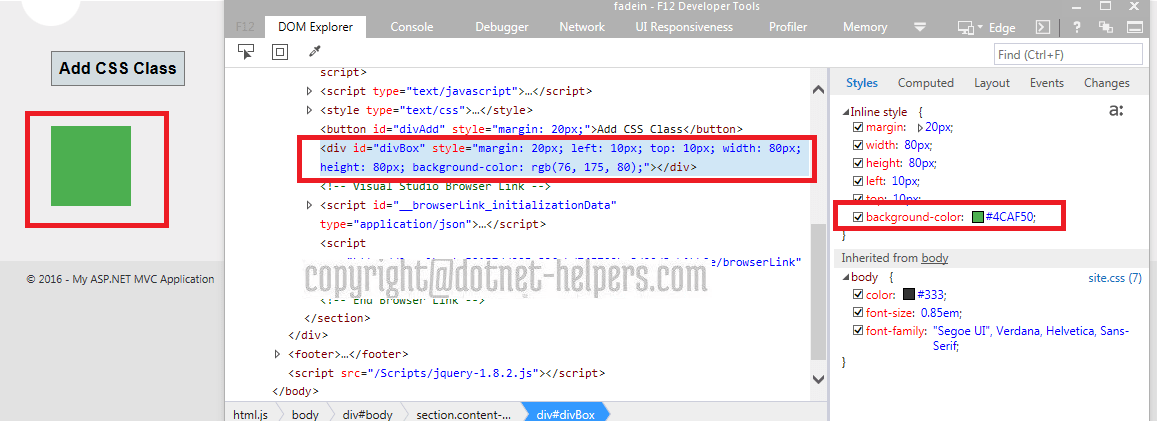 Addclass method in jquery dotnet helpers
