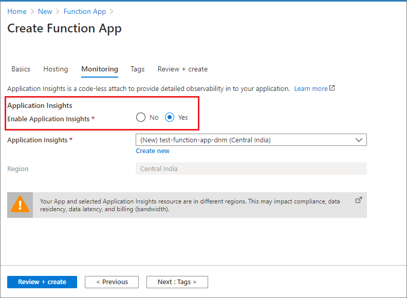 Add Application Insights to existing Azure Function App from Azure