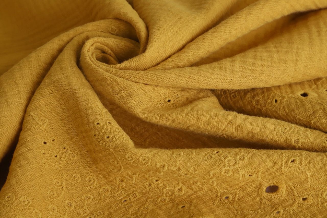 Embroidered Border Gold Double Gauze Dot To Dot Studio