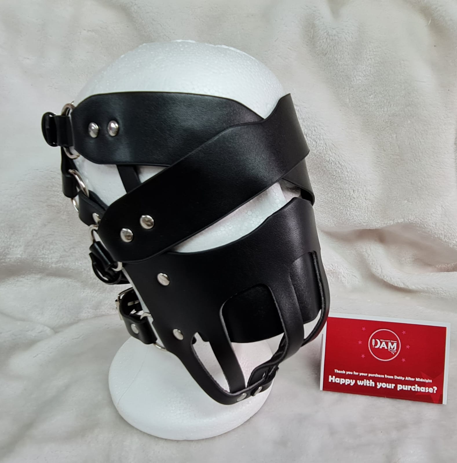 Faux leather face harness and and blindfold Dotty After Midnight