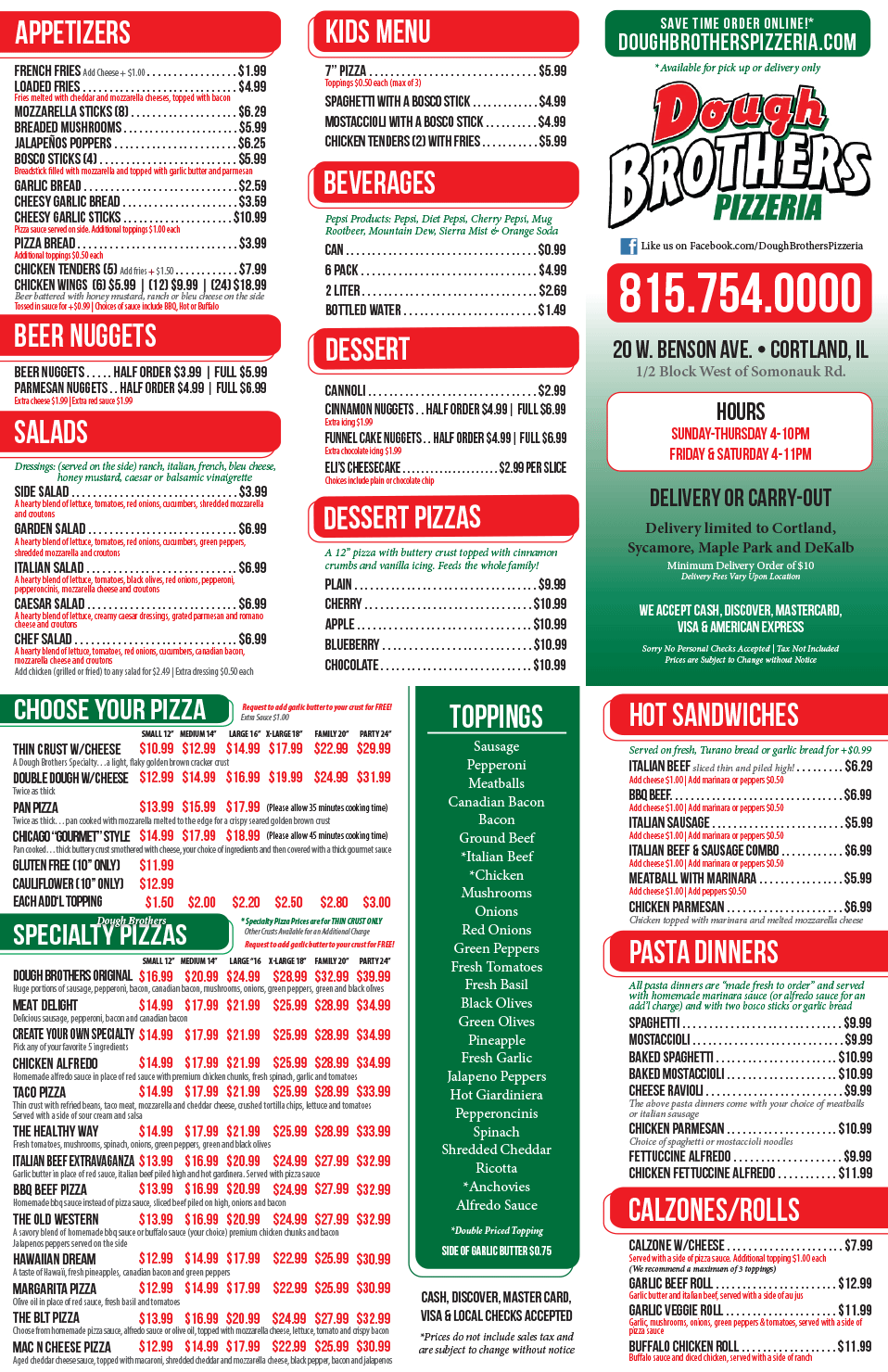 Full Menu, 20 West Benson Ave Cortland il, www.doughbrotherspizzeria