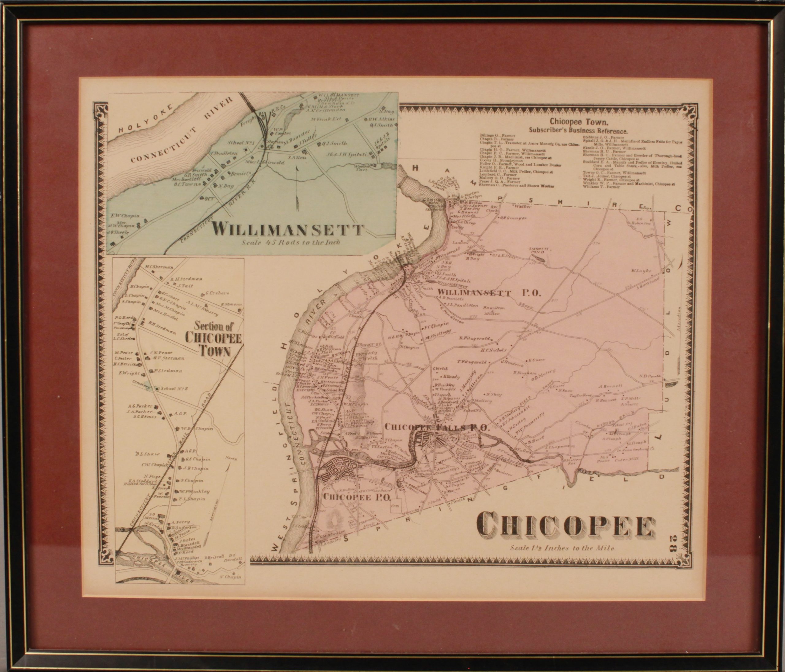 LOT 249 FRAMED MAP OF CHICOPEE/WILLIMANSETT, 121/4 X 15, SIGHT SIZE
