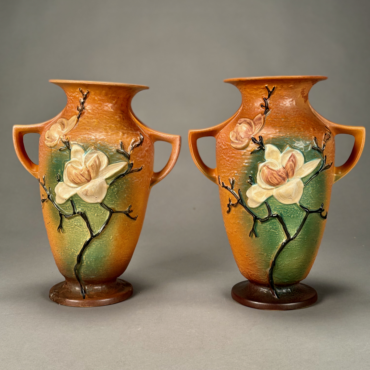 LOT 253 PAIR OF LARGE ROSEVILLE 2HANDLED VASES, 9916, MAGNOLIA IN