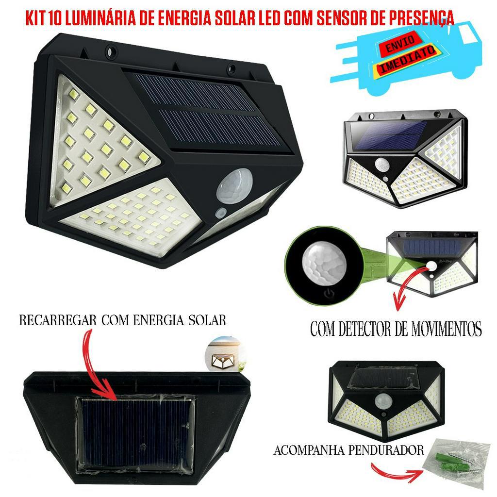 Kit 10 luminárias de energia solar led co sensor de presença Shopee