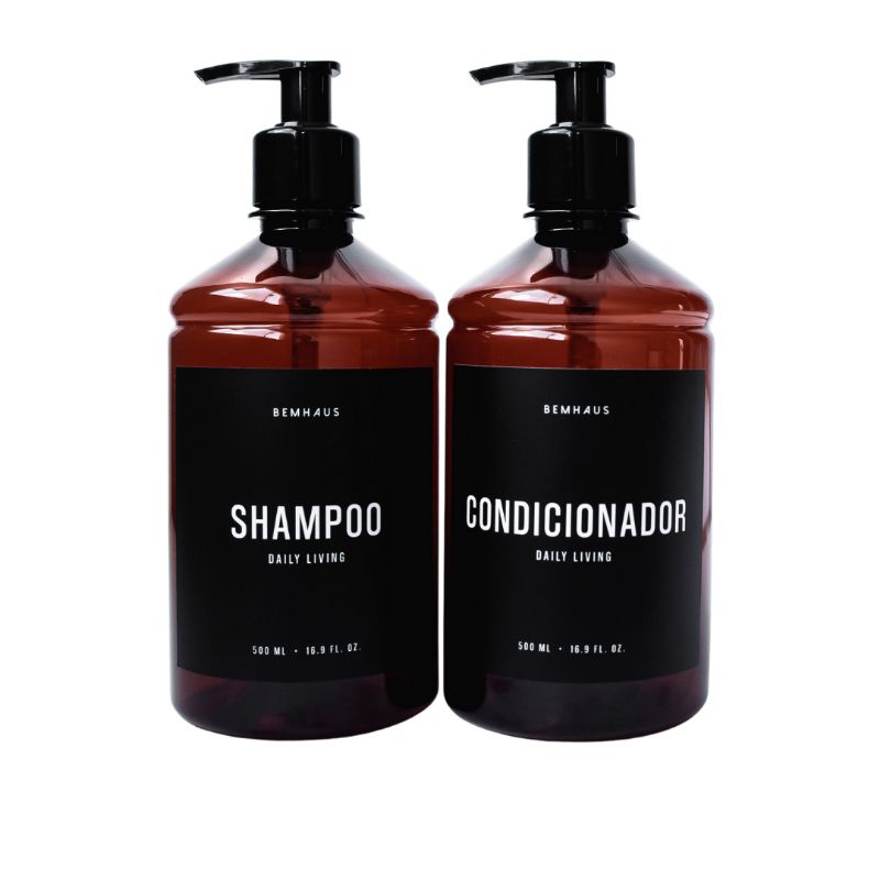 Kit 2 frascos ambar para shampoo e condicionador 500 ml dispenser