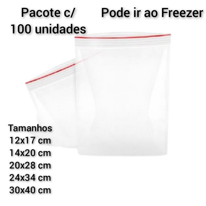 Saco Plástico Zip lock Grande Abre e fecha Hermético Pct 100 unidades