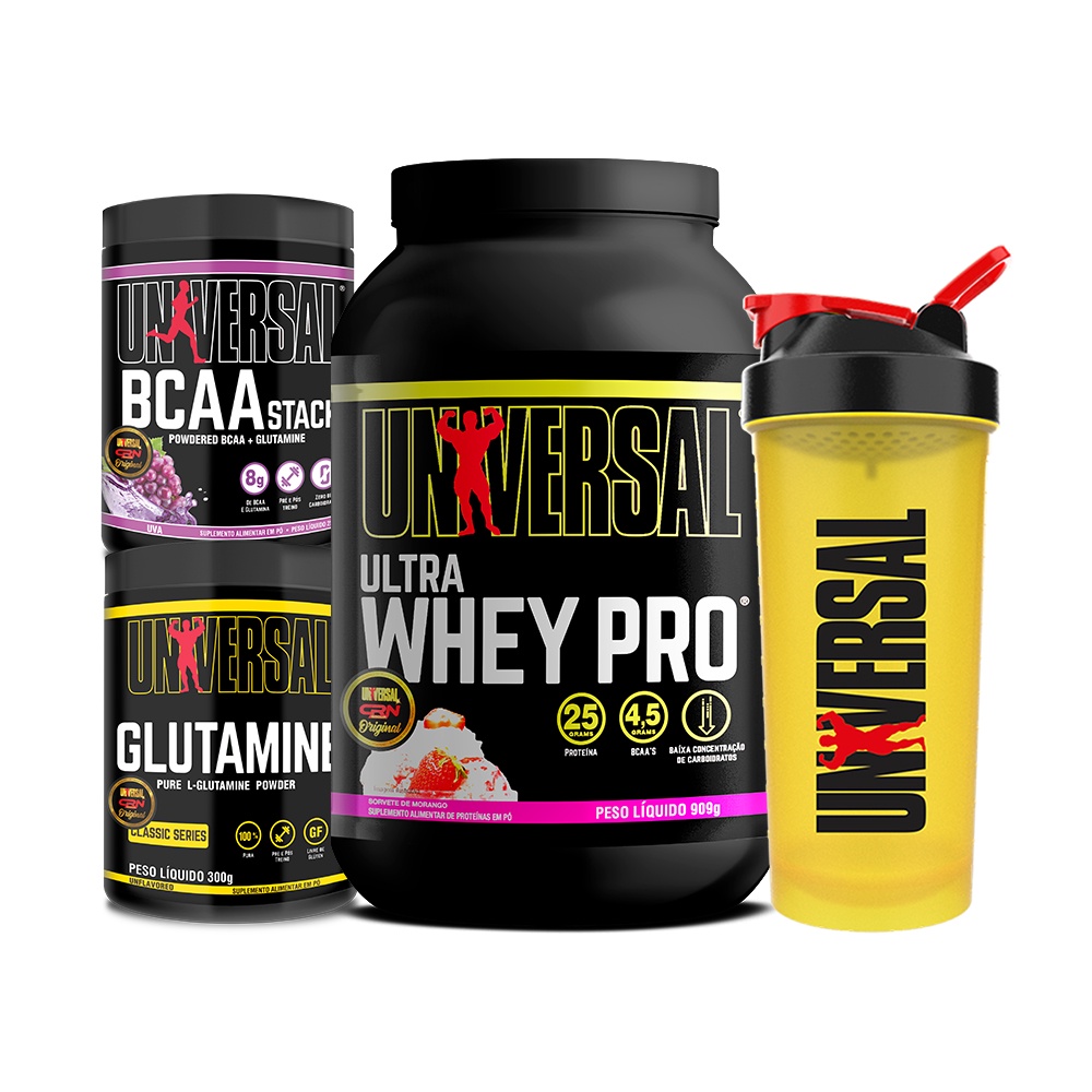 Kit Ultra Whey Pro 900g + Glutamina + BCAA Stack 300g + Coqueteleira