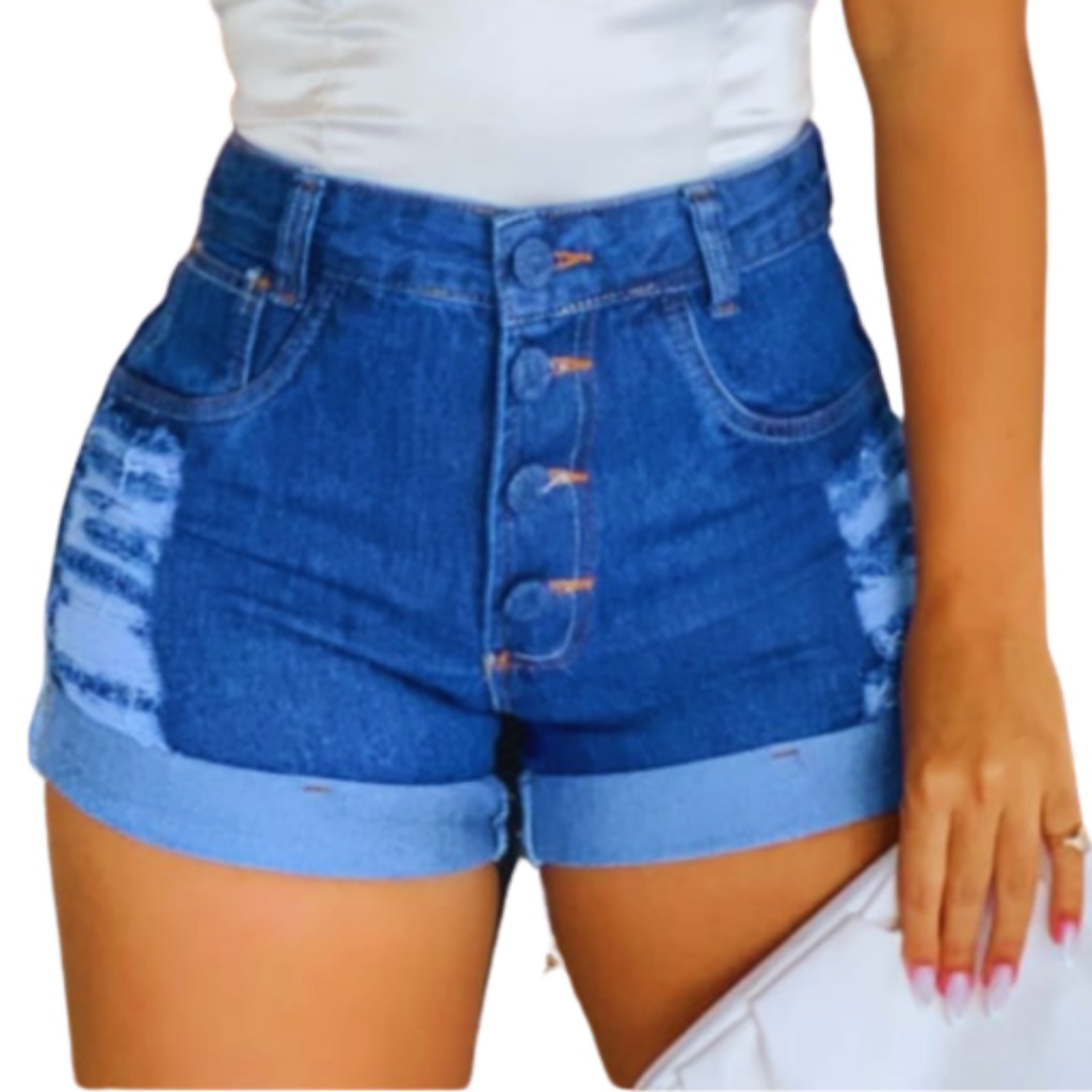 Short Jeans Bermuda Feminino Luxo Cintura Alta Destroyed Hot Pants Modela Bumbum Blogueira Barra