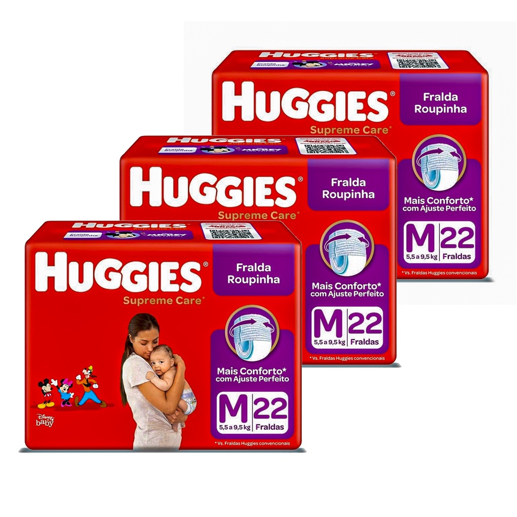 Kit 3 pacotes Fraldas Huggies roupinha Supreme Care M 22 un Total 66