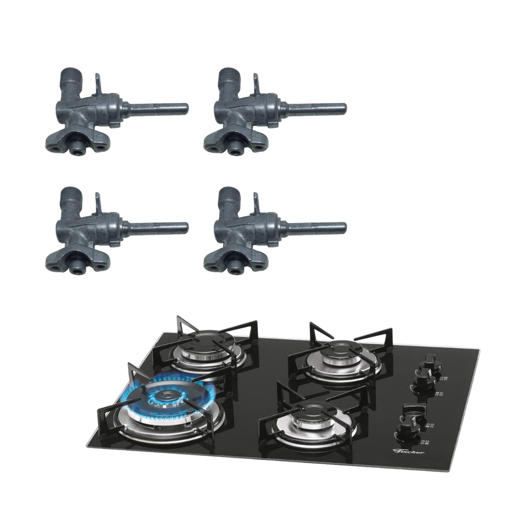 Kit Registro Ramal Válvula Com Rosca Fogão Cooktop Fischer 4 Bocas