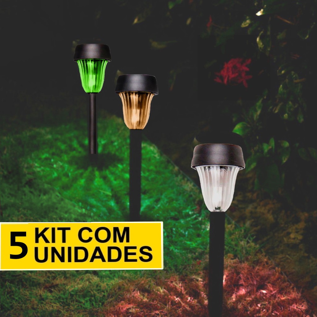 Kit 5 Luminárias Solar Jardim Balizador Led Verde Amarela Branca Prova