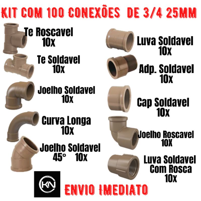 Kit Com 100 conexões Soldavel PVC 3/4 25mm Te Joelho Cotovelo Luva