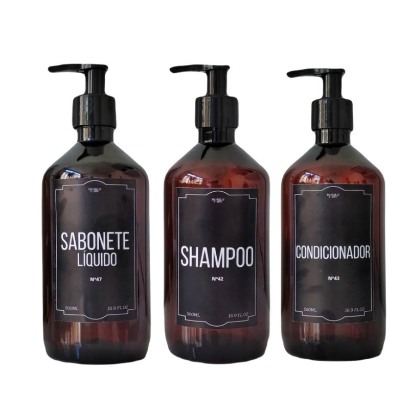 Frasco Âmbar Pet kit 3pçs Shampoo Condicionador e líquido