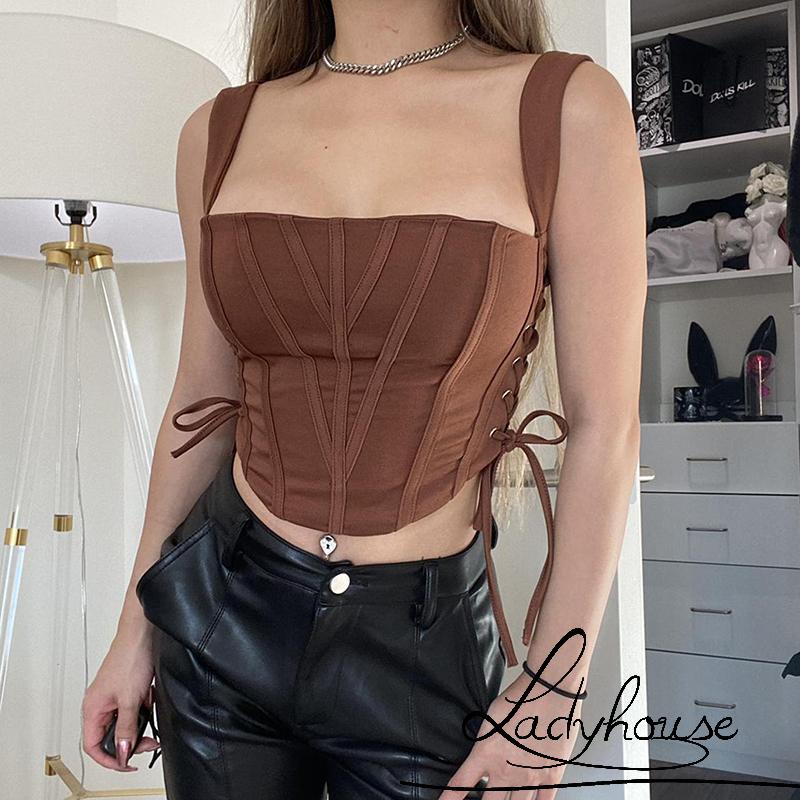 LDDCorsé De Tirantes Para Mujer , Vintage TieUp Side Color Sólido