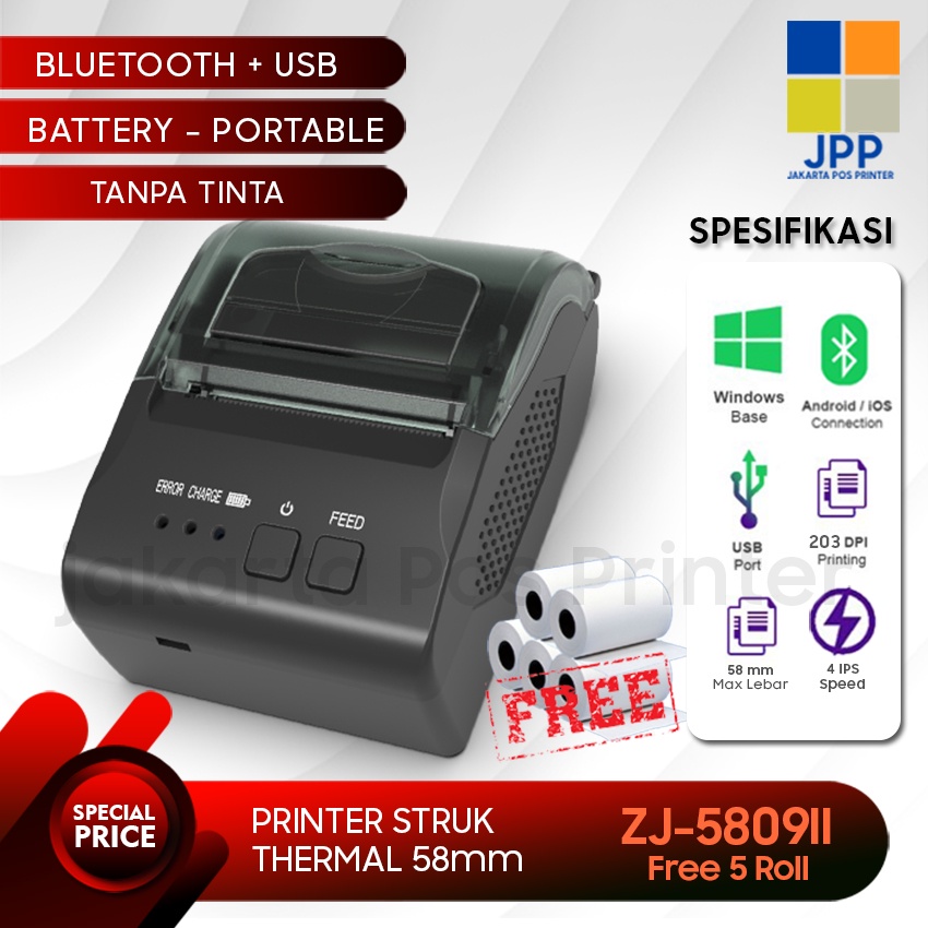 Jual Mobile Printer Bluetooth Thermal ZJ5809ii / Printer Kasir