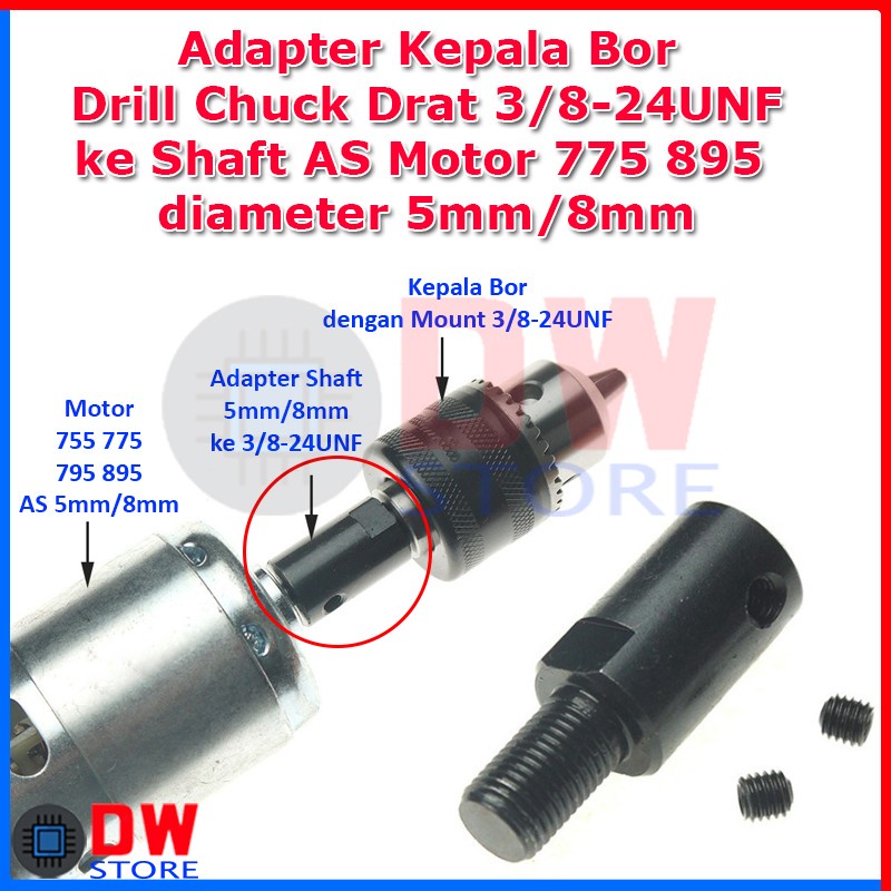 Jual Drill Chuck Adapter Kepala Bor 3/824UNF ke AS Shaft Motor 775 895